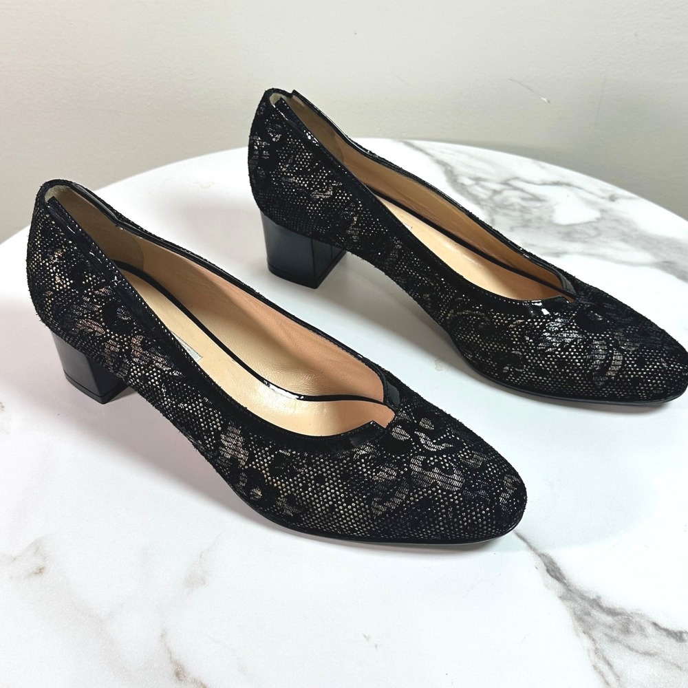Donna Laura Venezia Black Lace Block Heel Pumps Size 38.5 Italian Made Y2K Chic‎